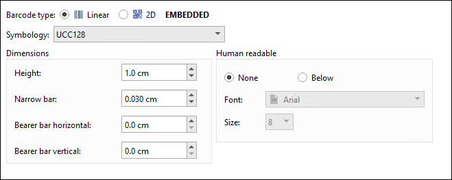 An example configuration for a UCC128 barcode.